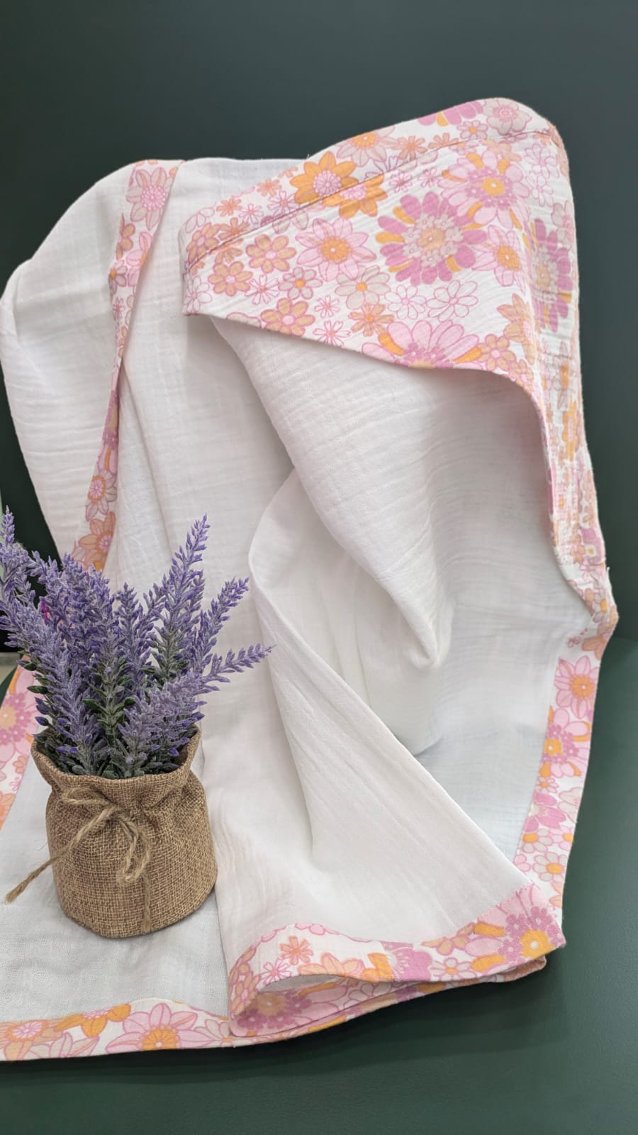 Floral Cotton Baby Towel with Corner Cap - white